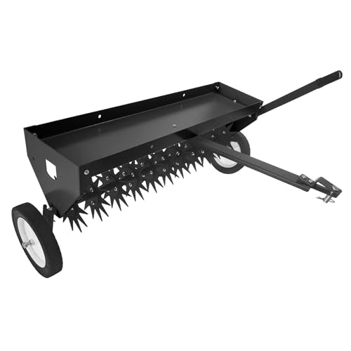 Heavy-Duty 40-Inch Tow-Behind Spike Aerator for Lawn, Garden, and Farm – Galvanized Steel Tines, Adjustable Handle, Transport Wheels, Weight Tray – Soil Aeration & Weed Removal, Black - color: Black