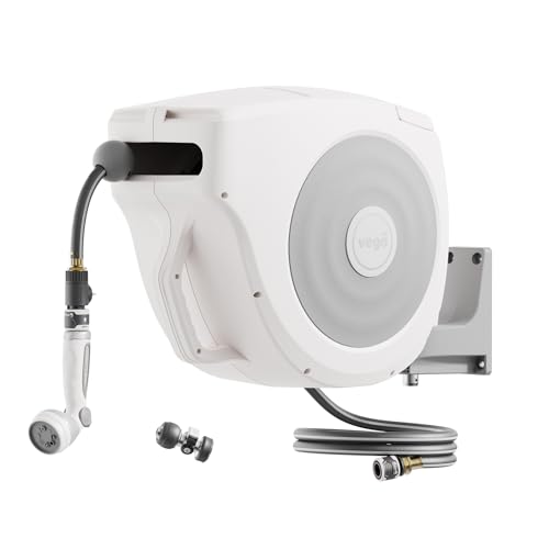 Vego Garden Hose Reel Retractable 1/2" 65ft Wall Mounted Hose Reel Automatic Rewind, Any Length Lock with 9 Patterns Sprayer Nozzle, Quick Connector and Adjustable shot Nozzle-Cloud White - color: Cloud White, size: 65ft