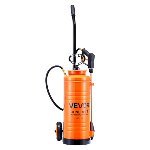 VEVOR Industrial Concrete Sprayer with Wheeled Cart, 3.5 Gallon Stainless Steel Sprayer, Heavy Duty Tri-Poxy Pump Sprayers, 20.5"Wand, 48" & 120"Hoses, 2 Brass Nozzles for Construction, Lawn & Garden - size: 3.5 Gal with Cart