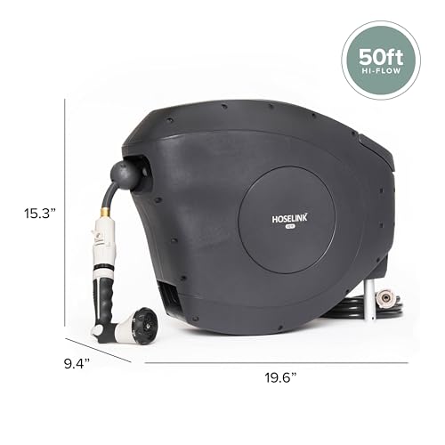 HOSELINK Classic Charcoal 50ft Hi-Flow Automatic Retractable Hi-Flow Garden Hose Reel, 9/16”, UV-Stabilized Kink-Free Hose, Wall Mounted Complete Watering Solution for Backyard, Garden & Outdoor - size: 50ft 9/16" Hi-Flow