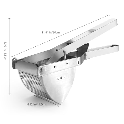 LHS Stainless Steel Potato Ricer and Masher, Heavy Duty Commercial Food Masher, Ergonomic Comfort Grip, Extra Large Capacity, Dishwasher Safe (White) - color: White