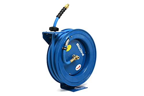 BLUBIRD BBR3875 18ga. Retractable Hose Reel with 3/8" x 75' Air Hose, 12 Point Ratcheting Gear, Next-Gen Rubber, Lightest, Strongest, Most Flexible, 300 PSI, 50F to 190F Degrees, Polyester Braided - size: 3/8" x 75' Standard