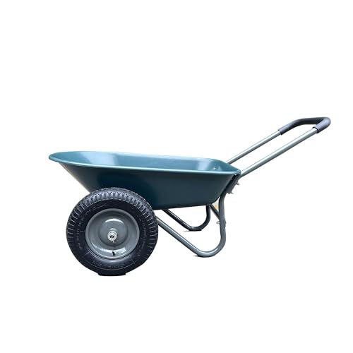 Dual Wheel Wheelbarrow, Heavy Duty Garden Cart, 600 Lbs Capacity Utility Cart with Two Pneumatic Tires, Backyard Plastic Wheelbarrow Cart with Built-in Stand for Outdoor Lawn Yard Farm Ranch (Green)