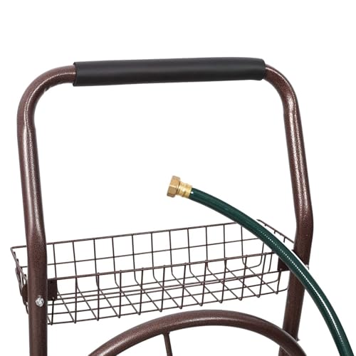 Heavy Duty Garden Hose Reel Cart with 4 Wheels - Bronze Powder-Coated Steel Frame, 250 Ft Capacity, 10-inch Pneumatic Tires, Storage Basket and 6.5 Ft Leader Hose for Lawn, Rustic Brown