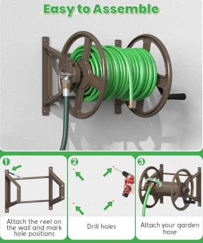 Garden Hose Reel Wall Mounted, Heavy-Duty Water Hose Holder Winder with 3.9 ft Leader Hose & Brass Fitting, Hose Hanger Storage Rack Holds 125-Feet of, 5/8-Inch, for Yard Lawn Farm, Brown - color: Brown