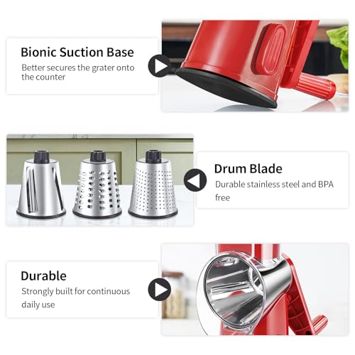 Weltonhm 4 in 1 Large Rotary Cheese Grater Hand Crank (red, 3 Graters) - color: Red, size: 3 Graters