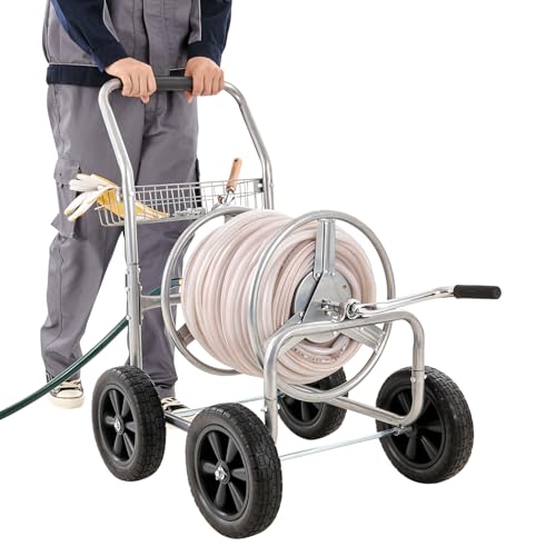 VEVOR Hose Reel Cart, Hold Up to 250 ft of 5/8’’ Hose, Garden Water Hose Carts Mobile Tools with 4 Wheels, Heavy Duty Powder-Coated Steel Outdoor Planting with Storage Basket, for Garden, Yard, Lawn - size: 250 ft
