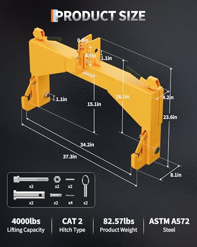 4000 lbs Category 2 3-Point Quick Hitch,Quick Attach 3 Point Hitch,3 Point Quick Hitch,Heavy-Duty 5-Level Adjustable Top Hook, Quick-Attach Compatible with Cat 2 Tractor Implements