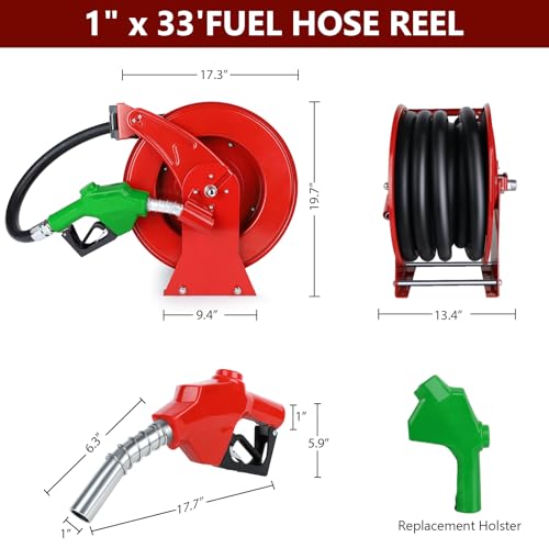 Fuel Hose Reel with Fueling Nozzle, 1" x 33FT Retractable Diesel Hose Reel, 300 PSI Industrial Heavy Duty Auto Swivel Rewind Hose Holder Reels, for Vehicle Tank Truck Trailer Ship - size: 1" x 33FT with nozzle