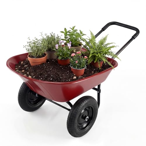 S AFSTAR Wheelbarrow Cart, Heavy Duty Garden Cart with Two 14-inch Pneumatic Tires, Utility Cart for Outdoor Lawn Yard Farm Ranch (Red) - color: Red