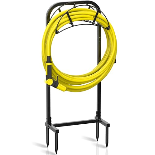 Suchek Garden Hose Holder, Upgraded 4 Spikes Water Hose Holder, Heavy Duty Hose Stand Holds 150ft Hose, Freestanding Hose Hanger, Hose Storage Organizer for Outside Yard Lawn (Black)