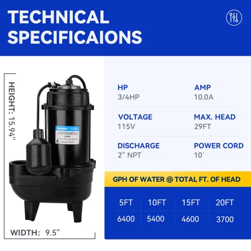Acquaer 3/4 HP Submersible Sewage Pump 6400 GPH Cast Iron Effluent Pump - color: Dark