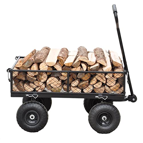 Steel Garden Cart, 2-in-1 600 lbs Heavy Duty Utility Wagon, with Removable Mesh Sides to Convert into Flatbed, 240° U-Turn 10" Pneumatic Tires Garden Wagon for Farm Yard Lawn Garden Camping (black) - color: Black