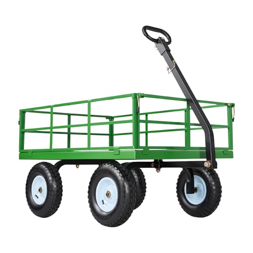 VEVOR Steel Garden Cart, 1200 lbs Heavy Duty Pullable Garden Wagon Yard Cart, 2 in 1 Outdoor Metal Utility Wagon Yard Trailer with 13" All Terrain Tires, Mesh Detachable Sides and 180° Rotating Handle - color: Black + Green