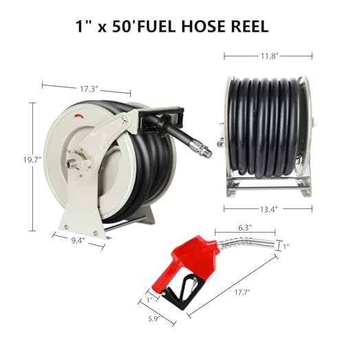 1 Inch Fuel Hose Reel 50ft Retractable Heavy Duty Hose Reel for Diesel Fuel Can Spring Driven Autoswing 300 PSI Fast Pump Fuel Line Hose with Nozzle for Tank Truck Boats Air Vehicle - size: #206-1" x 50ft, Silver
