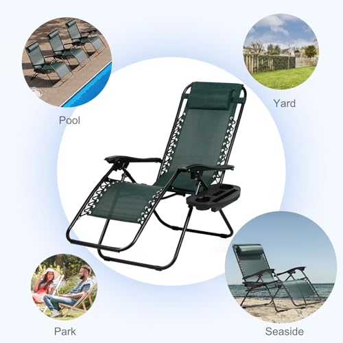 Nazhura Set of 2 Relaxing Recliners Patio Chairs Adjustable Steel Mesh Zero Gravity Lounge Chair Beach Chairs with Pillow and Cup Holder (Dark Green) - color: Dark Green
