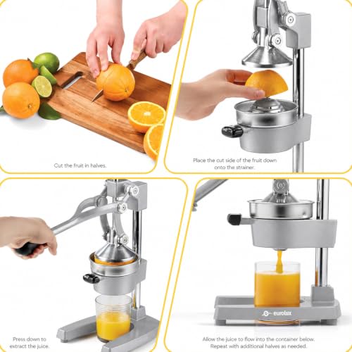 Eurolux Ultra-Premium Cast Iron Juicer | Extra-Large, Heavy Duty, Commercial Grade, Stainless Steel Manual Hand Press Citrus Squeezer For Fresh Orange Juice, Pomegranate, Lemon, and Much More (Gray) - color: Gray