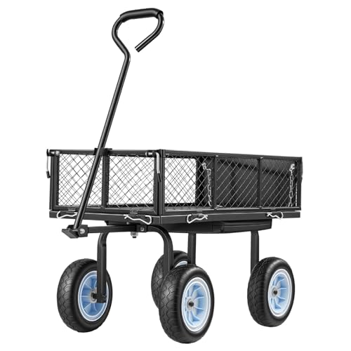 VEVOR 500 LBS Steel Garden Cart with Work Seat, Heavy Duty Garden Wagon Cart on Wheels, Outdoor Metal Utility Yard Wagon Gardening Stool with 10inch Flat Free Tires, Tool Tray & Adjustable Handle - color: Black