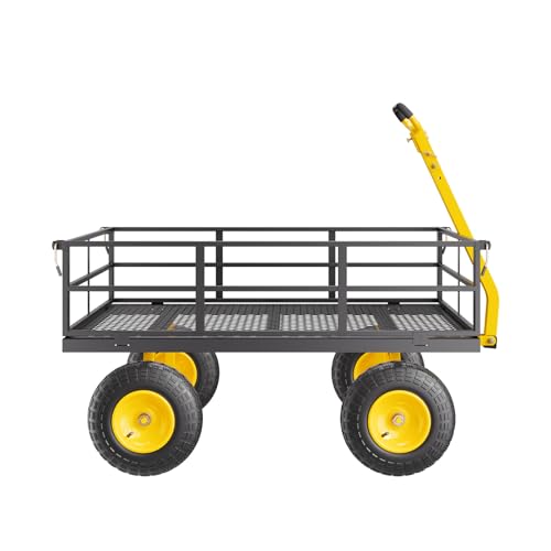 VEVOR 1200 Lbs Steel Garden Cart, Heavy Duty Pullable Garden Wagon Yard Cart, 2 in 1 Outdoor Metal Utility Wagon Yard Trailer with 13" All Terrain Tires, Mesh Removable Sides and 180°Rotating Handle - color: Black+yellow