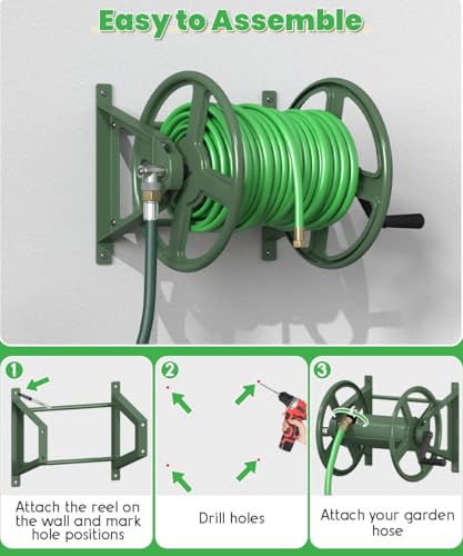 Garden Hose Reel Wall Mounted, Heavy-Duty Water Hose Holder Winder with 3.9 ft Leader Hose & Brass Fitting, Hose Hanger Storage Rack Holds 125-Feet of, 5/8-Inch, for Yard Lawn Farm, Green - color: Green