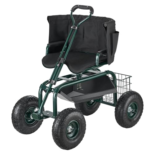 VEVOR Garden Seat with Wheels, Rolling Garden Stool with Height Adjustable & 360° Swivel Seat, 400lbs Weight Capacity, Gardening Cart Bench, Ergonomic Backrest & Tool Storage, for Yard, Patio - color: Dark Green