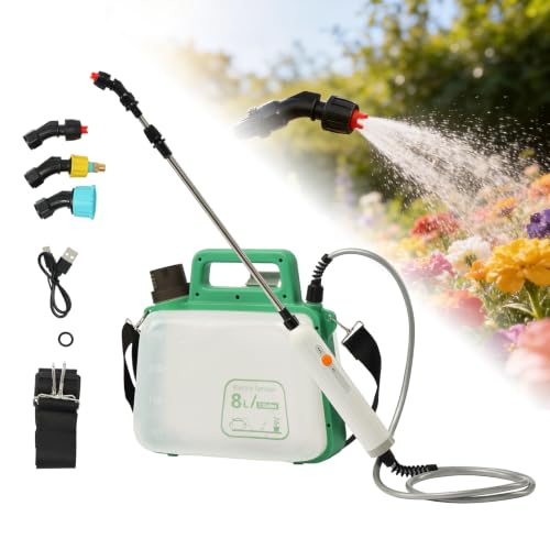 SunSettler 2 Gallon Electric Weed Sprayer with Telescopic Wand | 3 adjustable nozzles, collapsible tank, shoulder strap. Ideal for lawn care, watering, cleaning - size: 8L