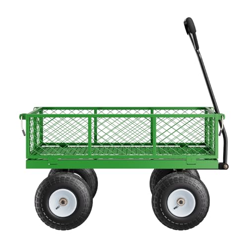VEVOR 680 Lbs Steel Garden Cart on Wheels, Heavy Duty Garden Wagon Cart Pullable, Metal Outdoor Utility Yard Wagon Carts with 10" Tires, Mesh Removable Sides and 180°Rotating Handle - color: Black+green