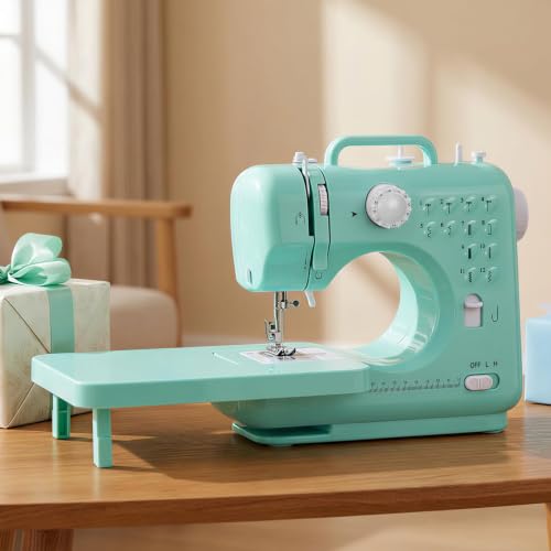 Sewing Machine for Beginners with Extension Table, Mini Sewing Machine Kit - color: Cyan with Extension Table