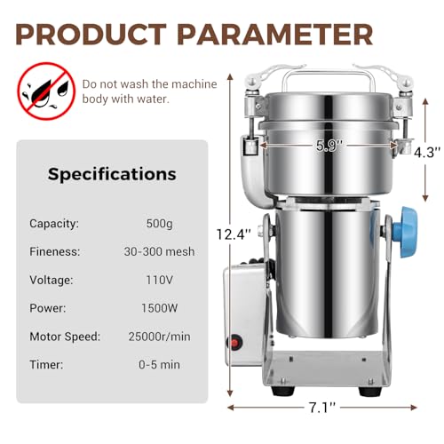 LEEVOT Grain Mill 500g Commercial Spice Grinders Electric 1500W Stainless Steel Pulverizer Dry Grinder for Grinding Wheat, Oats, Corn, Pepper, and Coffee Beans – Grinder for Kitchen. - size: 500G