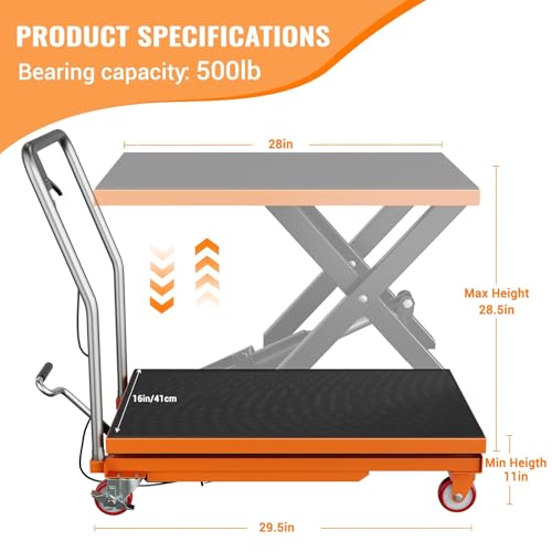 Hydraulic Lift Table Cart, 500Lbs Capacity 28.5" Lifting Height, Manual Double Scissor Lift Table, Hydraulic Scissor Cart for Material Handling and Transportation with Locking Wheels and Non-Slip Pad - size: 500 LBS
