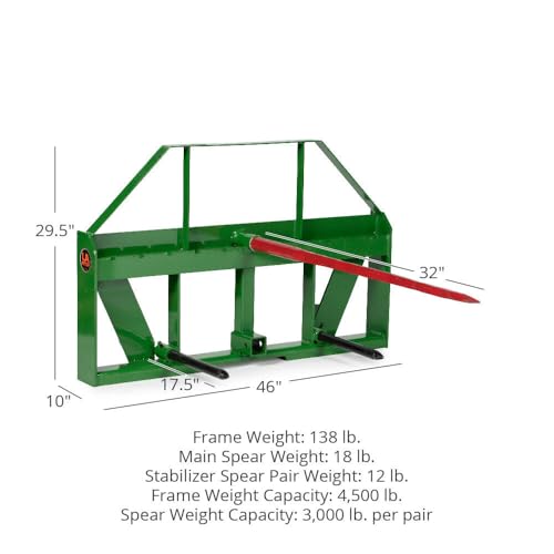 Titan Attachments UA USA Made Hay Frame Attachment, 32" Hay Spear and Stabilizers, Fits John Deere Global Euro Tractors, Rated 4,500 LB