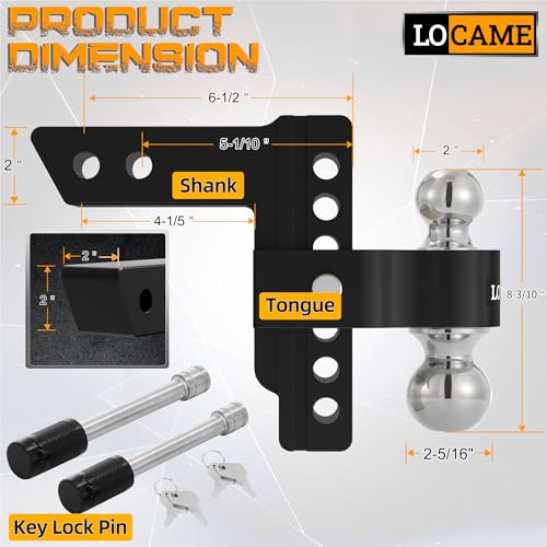 LOCAME Adjustable Trailer Hitch, Fits 2-Inch Receiver, 6-Inch Drop/Rise Aluminum Drop Hitch,12,500 LBS GTW-Tow Hitch for Heavy Duty Truck with Double Stainless Steel Locks, Black, LC0024 - color: Black, size: 2" 6drop