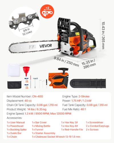 VEVOR Gas Powered Chainsaw 16 Inch 40CC 1.75HP 2 Stroke Engine Gas Chainsaw - size: 40CC-16inch