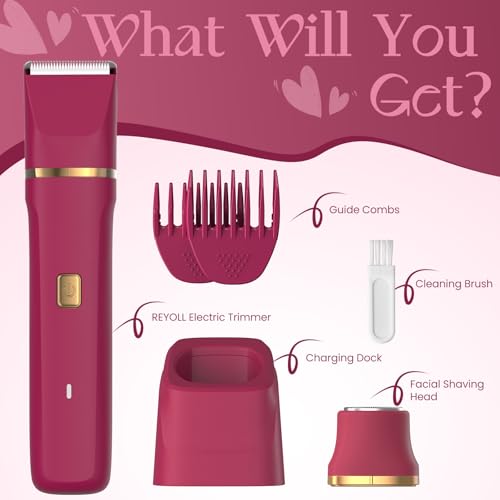 Risina 2-in-1 Bikini Trimmer for Women, Beach Essentials for Women | IPX7 Waterproof, Rechargeable, Ceramic Blades, Body, Facial and Curved Heads for Bikini Line, Pubic Hair, Legs and Underarms - color: Berry Red