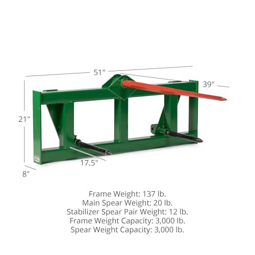 Titan Attachments Green Global Euro Hay Frame Attachment with 39" Hay Spear and Stabilizers Fits John Deere Tractors, Rated 3,000 LB, Hay Handling Equipment