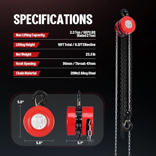 SPECSTAR Hand Chain Hoist 2 Ton 4400 Lbs Capacity 10 Feet with 2 Hooks - color: Red, size: 2 Ton