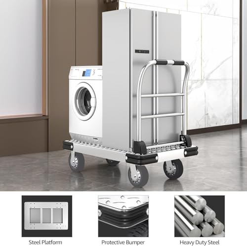 2200 lbs. Capacity Foldable Push Cart Dolly | Moving Platform Hand Truck | Heavy Duty Space Saving Collapsible | Swivel Flat Bed Wagon - Furniture Luggage Lifting - color: Silver, size: 2200 lbs. Capacity