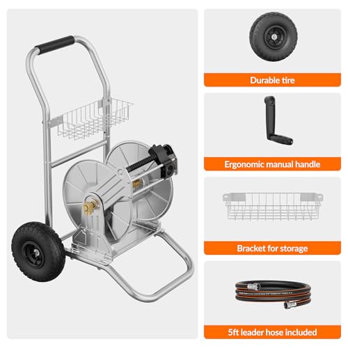 Giraffe Tools Garden Hose Reel Cart with Wheels, Stainless Steel Heavy Duty Water Hose Reel Cart, 200 ft of 1/2 Capacity, Mobile for Outside