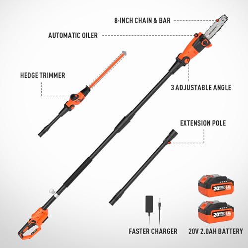 MAXLANDER 2-In-1 8" Pole Saw & 18" Hedge Trimmer, 2×3.0Ah Battery & Charger - color: Red