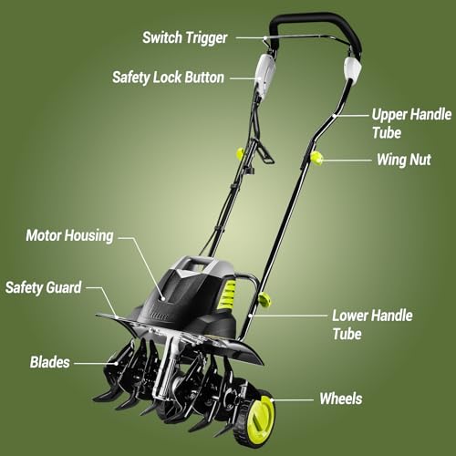 Electric Tiller 12 Amp Rototiller:Powerful Garden Tiller with 6 Steel Tines Tiller, Hand Tiller with 18-inch Tilling Width 8'' Tilling Depth for Gardening, Cultivator for Lawn