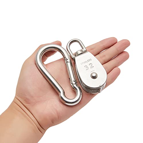 2X 304 Stainless Steel M32 Single Swivel Rope Pulley Blocks with Snap Hooks - size: M32-2pcs