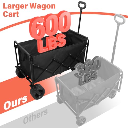 Collapsible Wagon Cart with All-Terrain Wheels - Folding Utility 600LBS Heavy Duty Wagons Carts for Grocery Sports Garden Shopping Camping Fishing (Black, 220L) - size: 600LBS