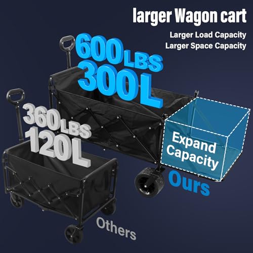 Collapsible Wagon Cart, Folding Cart with 600LBS Capacity, Black - color: Upgraded_600lbs
