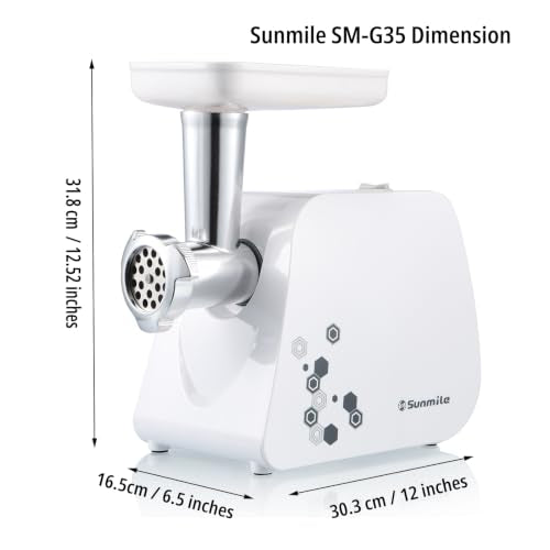 Sunmile Electric Meat Grinder and Sausage Maker - 1HP 1000W Max - Stainless Steel Cutting Blade and 3 Grinding Plates,1 Big Sausage Staff Maker, White
