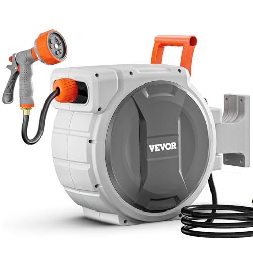 VEVOR Retractable Garden Hose Reel, 1/2 Inch x 65 ft Wall Mounted, Heavy Duty Garden Hose Reel with 9 Patterns Nozzle, Any Length Lock, Upgraded Slow Return System and 180°Swivel Bracket - size: 1/2 in x 65 ft