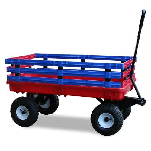 FARM-TUFF Trekker Plastic Garden Wagon, Red & Blue, 37" x 20" - Durable Poly Utility Cart with Removable Side Racks, Pneumatic Tires & 300lb Capacity for Gardening, Yard Work & Outdoor Play