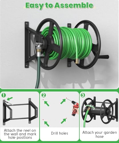 Garden Hose Reel Wall Mounted, Heavy-Duty Water Hose Holder Winder with 3.9 ft Leader Hose & Brass Fitting, Hose Hanger Storage Rack Holds 125-Feet of, 5/8-Inch, for Yard Lawn Farm, Black - color: Black