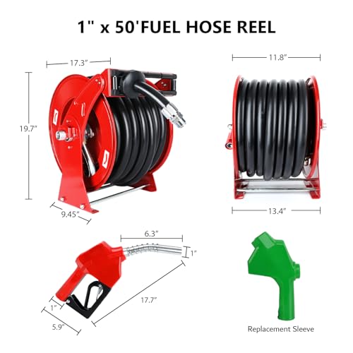 1 Inch Fuel Hose Reel Retractable Heavy Duty Hose Reel with Fueling Nozzle for Diesel Fuel Can 50ft Line Hose 300 PSI Fast Pump Spring Driven Autoswing for Tank Truck Boats Farms Air Vehicle Trailer - size: #431-1" x 50ft, Red