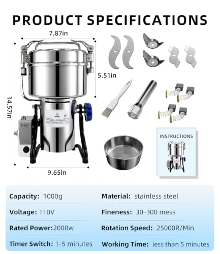Electric Grain Mill 1000g with Adjustable Lockable Angle for Wheat, Spices - size: 1000g