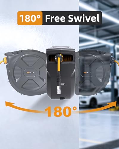 Retractable Air Hose Reel, 3/8" x 65Ft Flex Hybrid Air Hose Max 300PSI Kink-resistant Air Compressor Hose Reel Auto Rewind with 6Ft Lead in, Quick Connect, 180° Swivel Mounting Kit. - size: 65FT